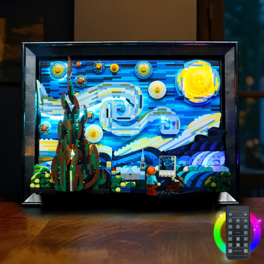 Brickshining LED light kit in use on Starry Night model for warm glow.