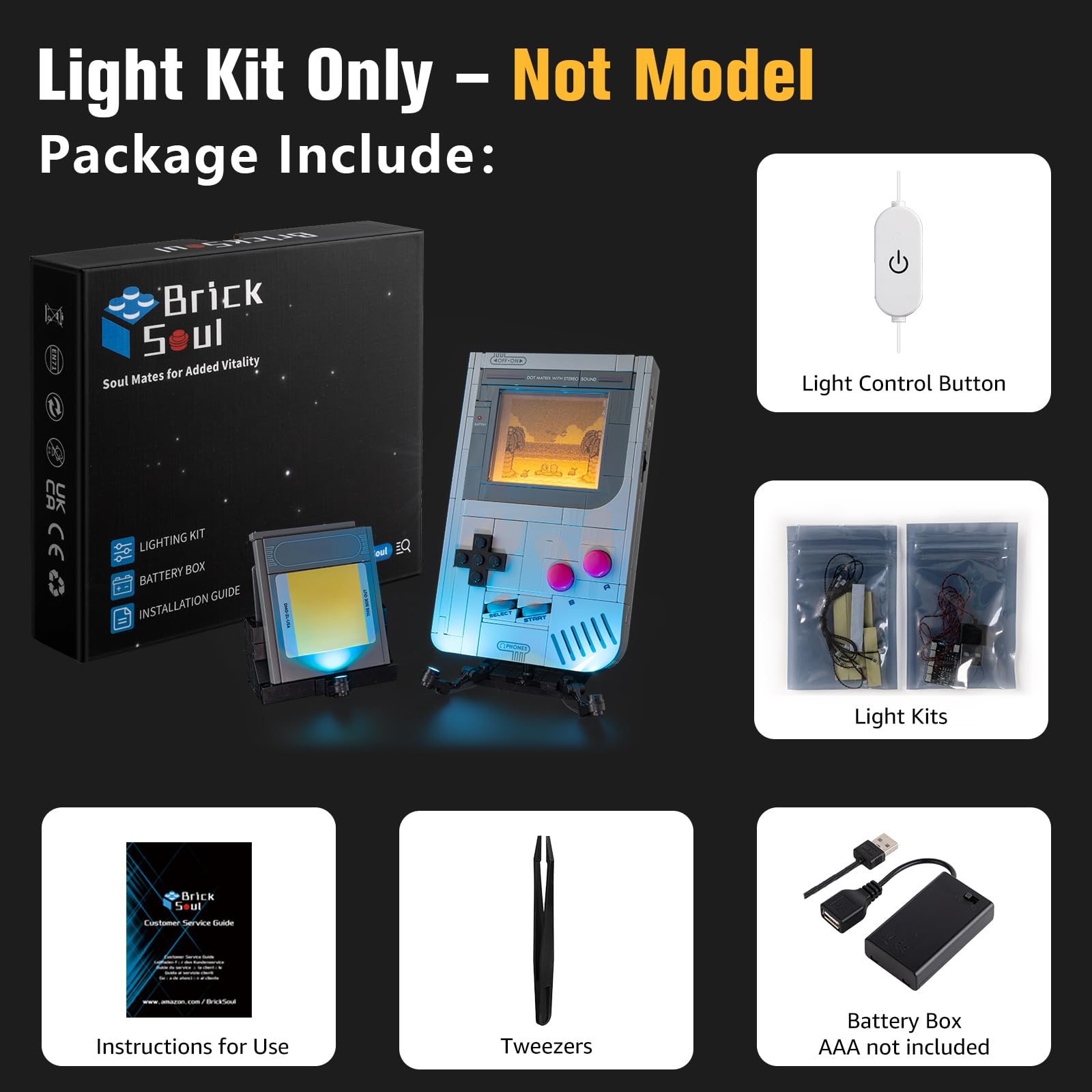 BrickSoul Gameboy 72046 lighting with dimmer switch for adjustable brightness.