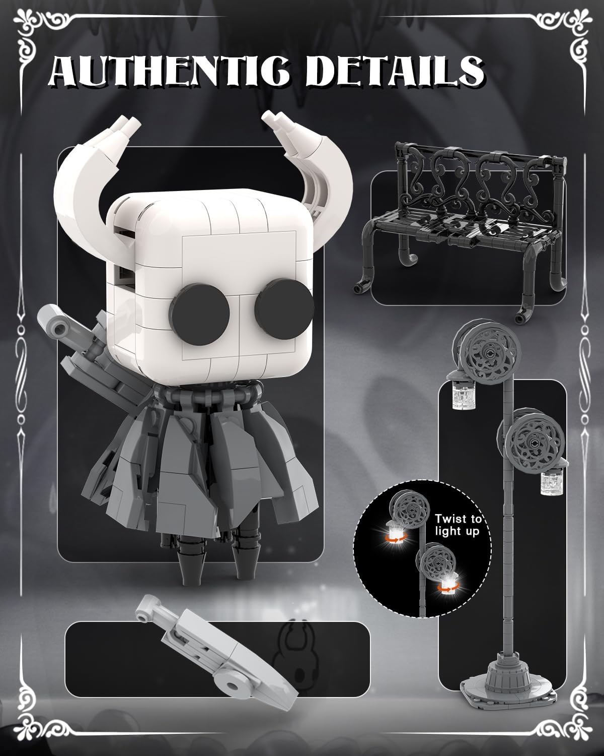 BrickTribe Knight Figure light-up streetlamp adds warm glow to shelves.