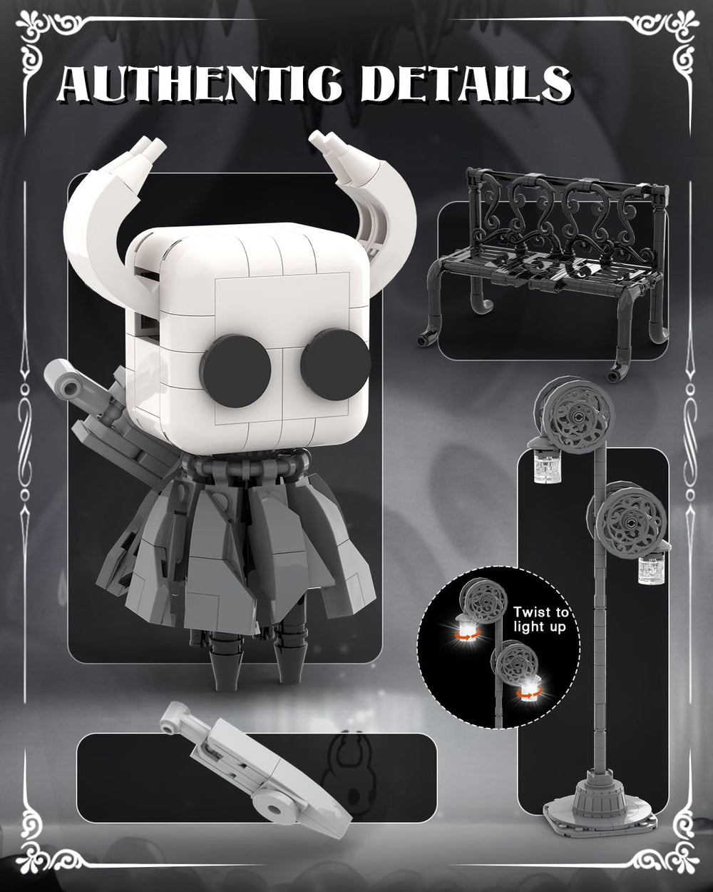 BrickTribe Knight Figure light-up streetlamp adds warm glow to shelves.