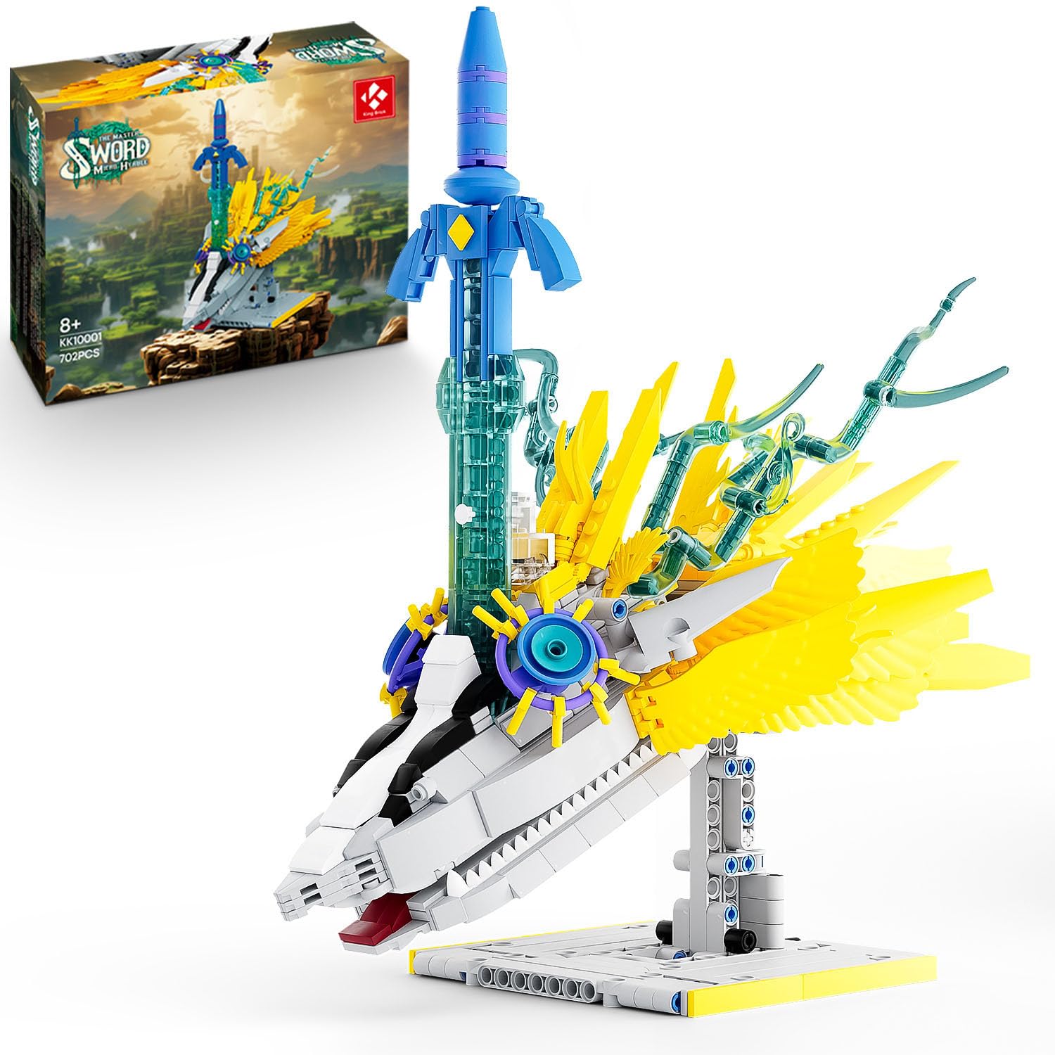 BrickTribe Master Sword with crossing dragon base for display and imaginative play.