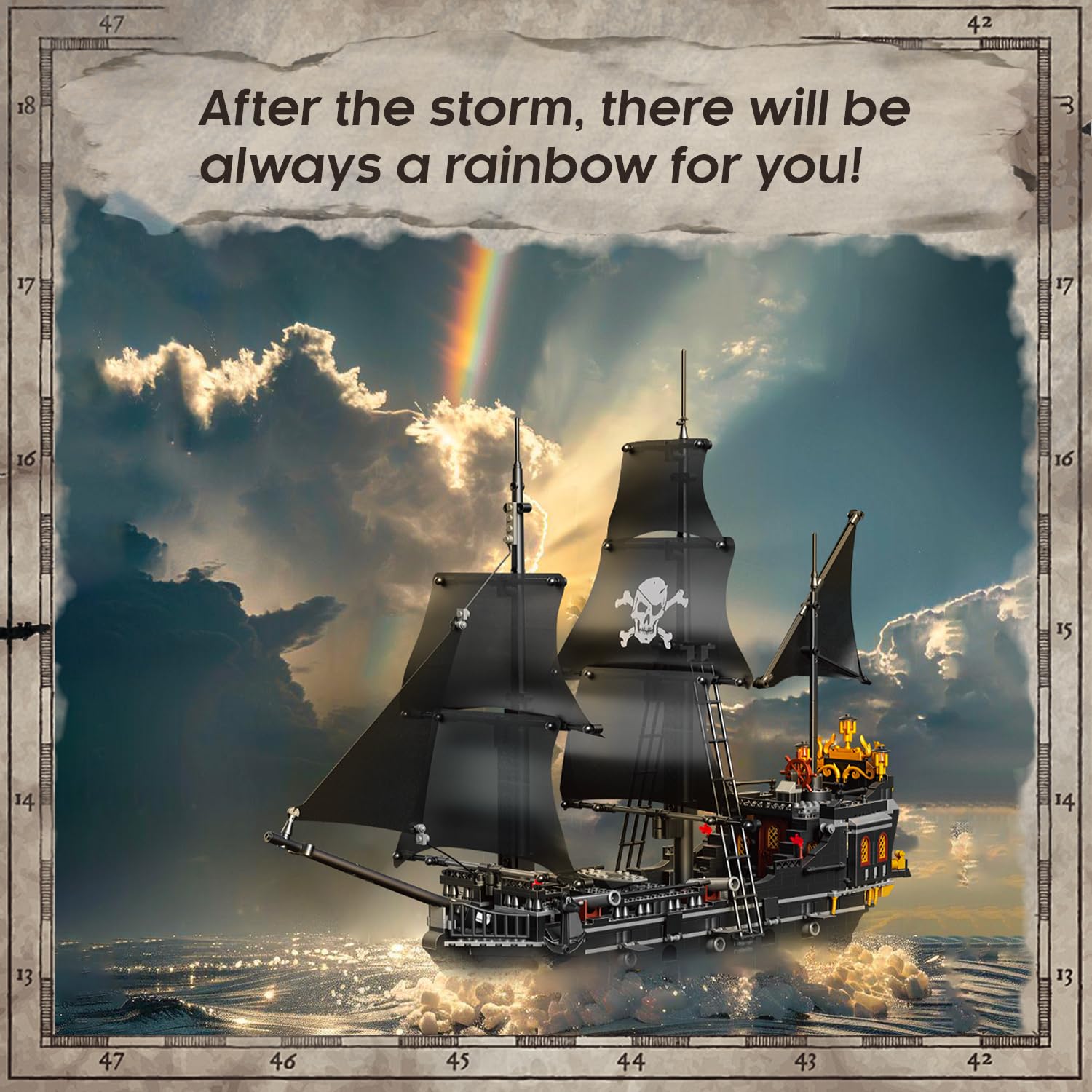 BrickTribe pirate ship kit hatches and treasures, secure compartments for display.