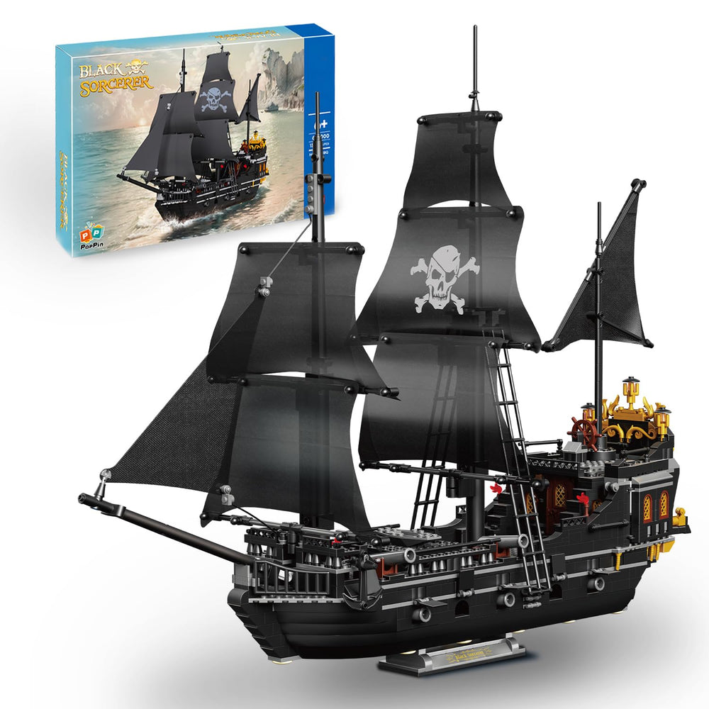 BrickTribe pirate ship kit with 1424 pieces, ideal for display and hands-on building.