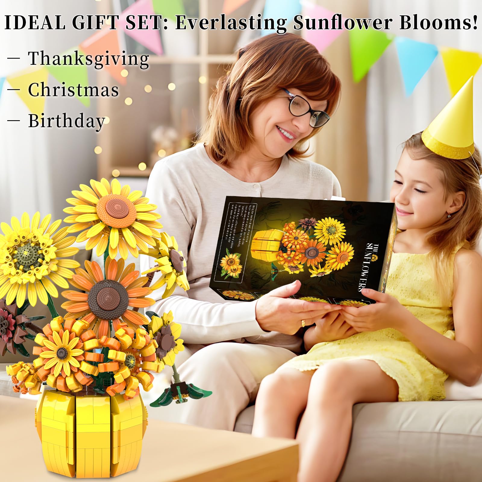 BrickTribe sunflower bonsai-inspired kit showcases art for gifting or collection.