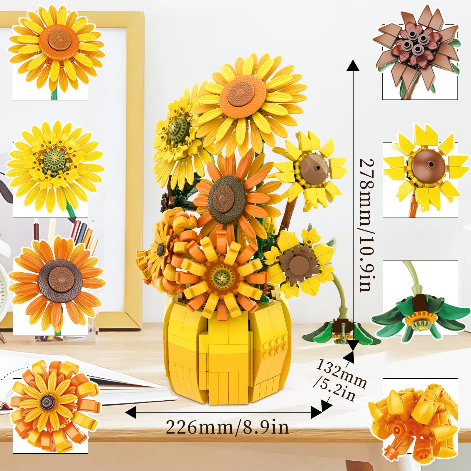 BrickTribe sunflower building blocks close-up reveal textured petals and vibrant colors for decor.