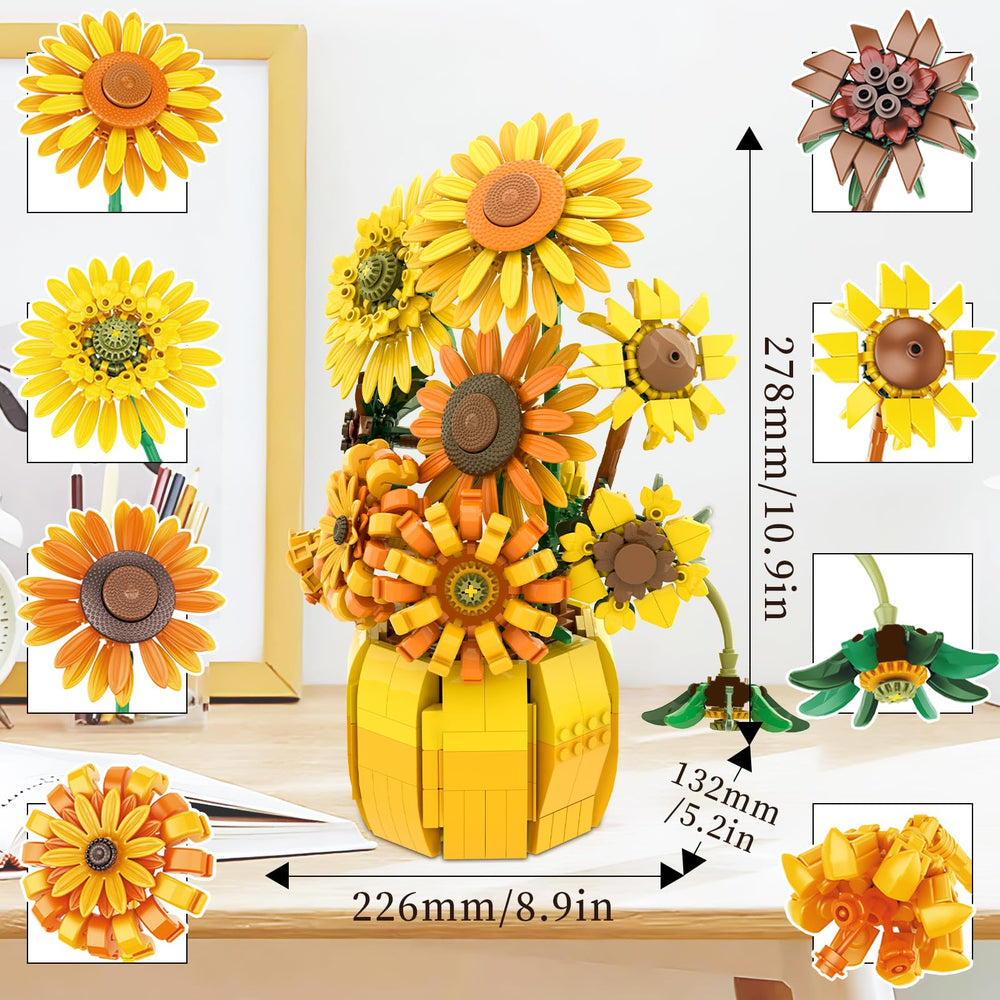 BrickTribe sunflower building blocks close-up reveal textured petals and vibrant colors for decor.