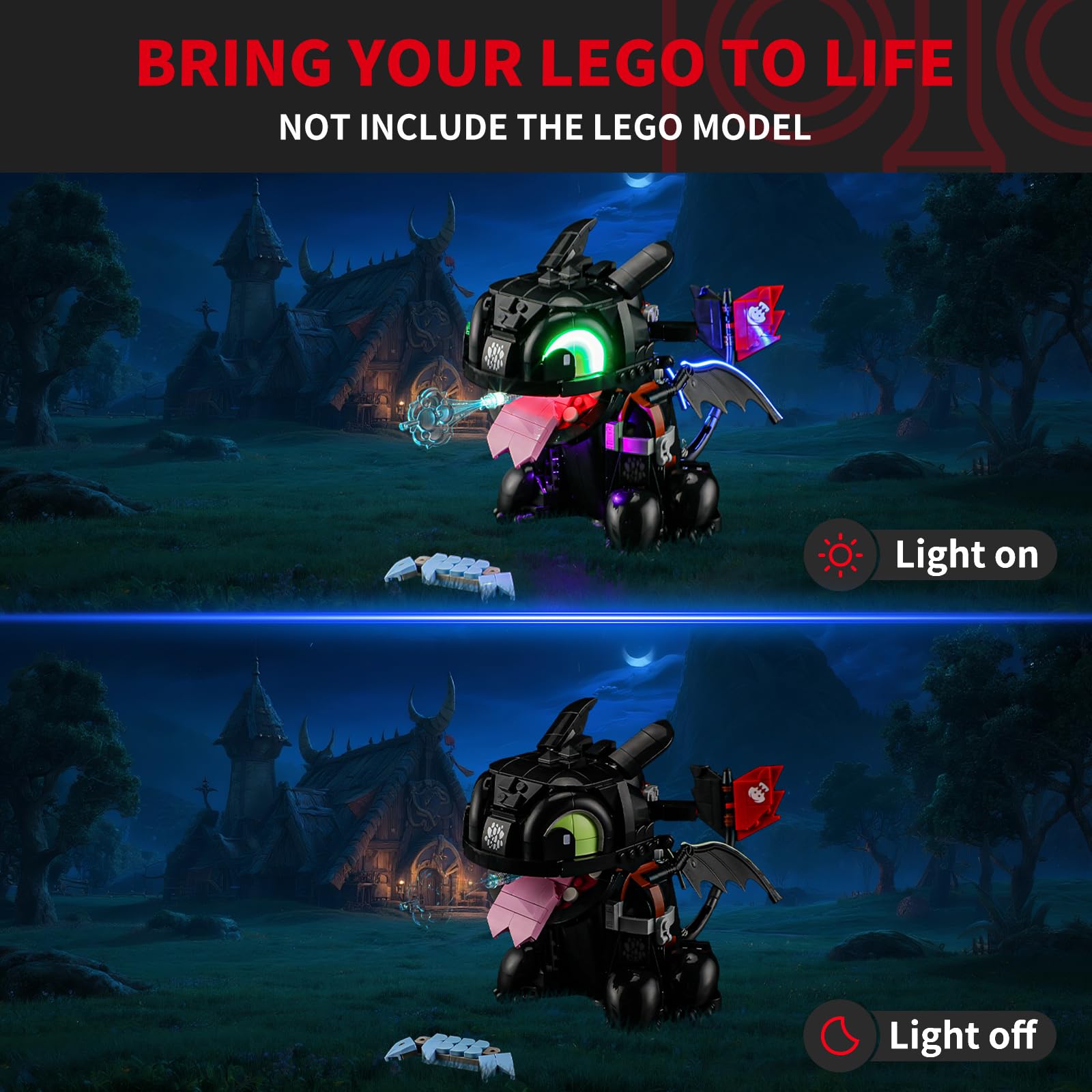 BRIKSMAX bright display enhances the Lego Toothless model's presence.