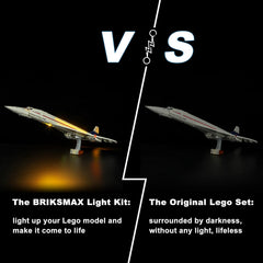 BRIKSMAX Concorde light kit installed on Lego 10318 enhances dramatic night display.