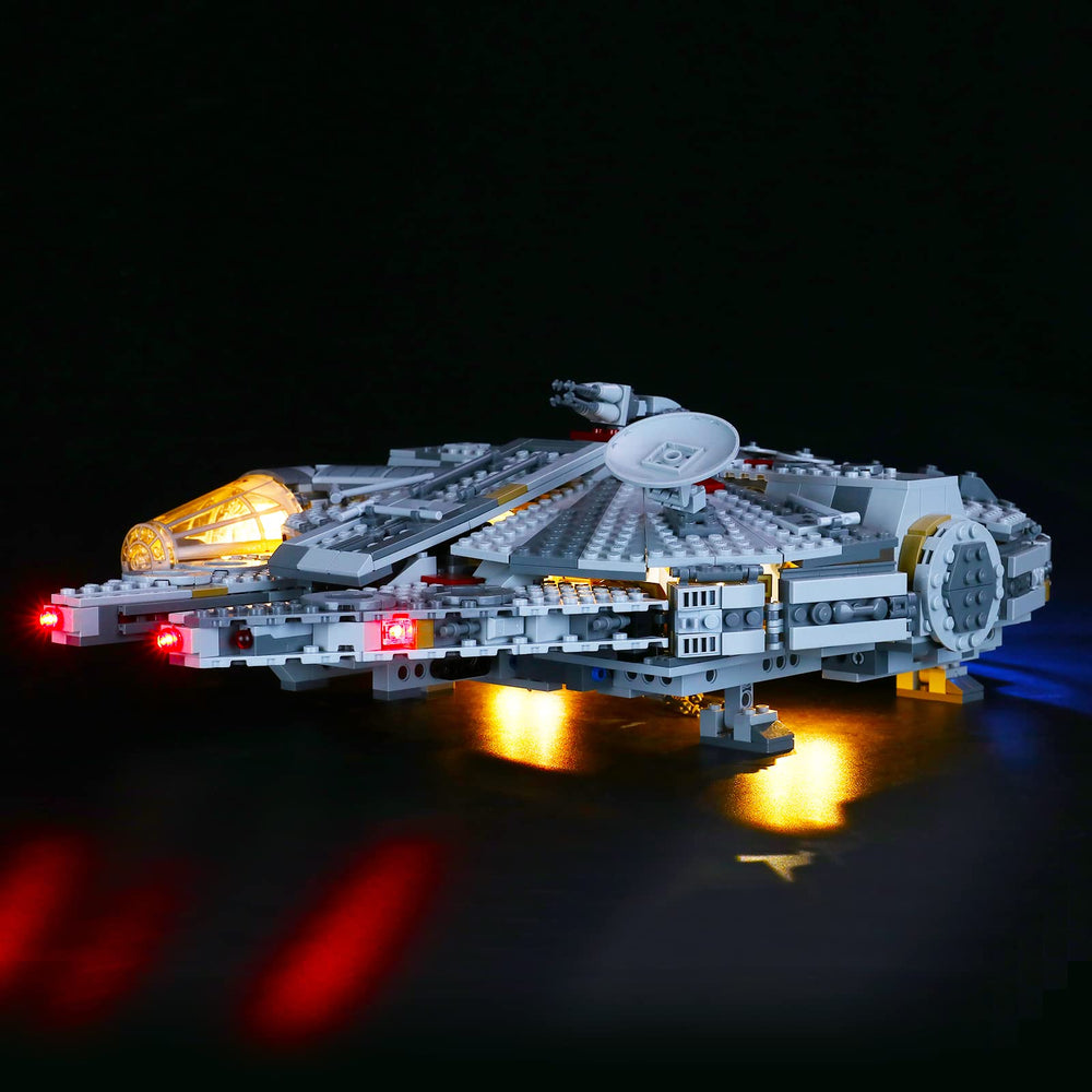 BRIKSMAX dot lights illuminate key sections of the Millennium Falcon model with vivid precision.
