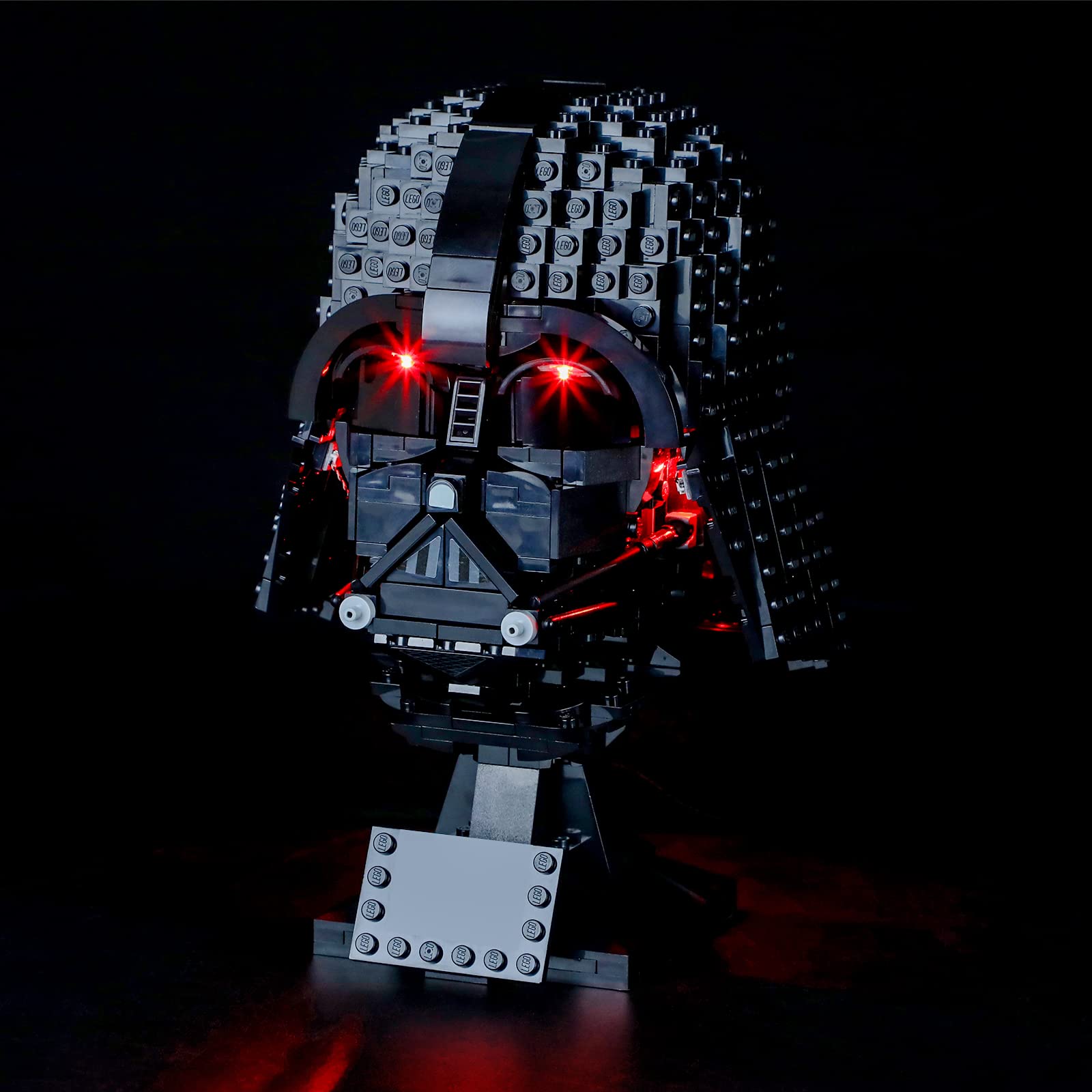 BRIKSMAX Darth Vader Helmet LED kit lights the front for dramatic display