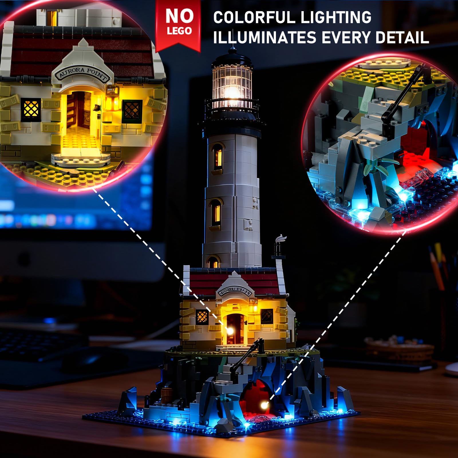 Soft white LEDs illuminate the lighthouse interior for enhanced night display.