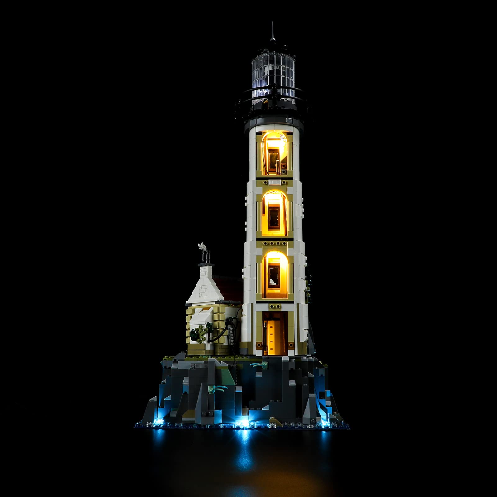 BRIKSMAX LED kit installed inside LEGO 21335 Lighthouse delivers vivid illumination.