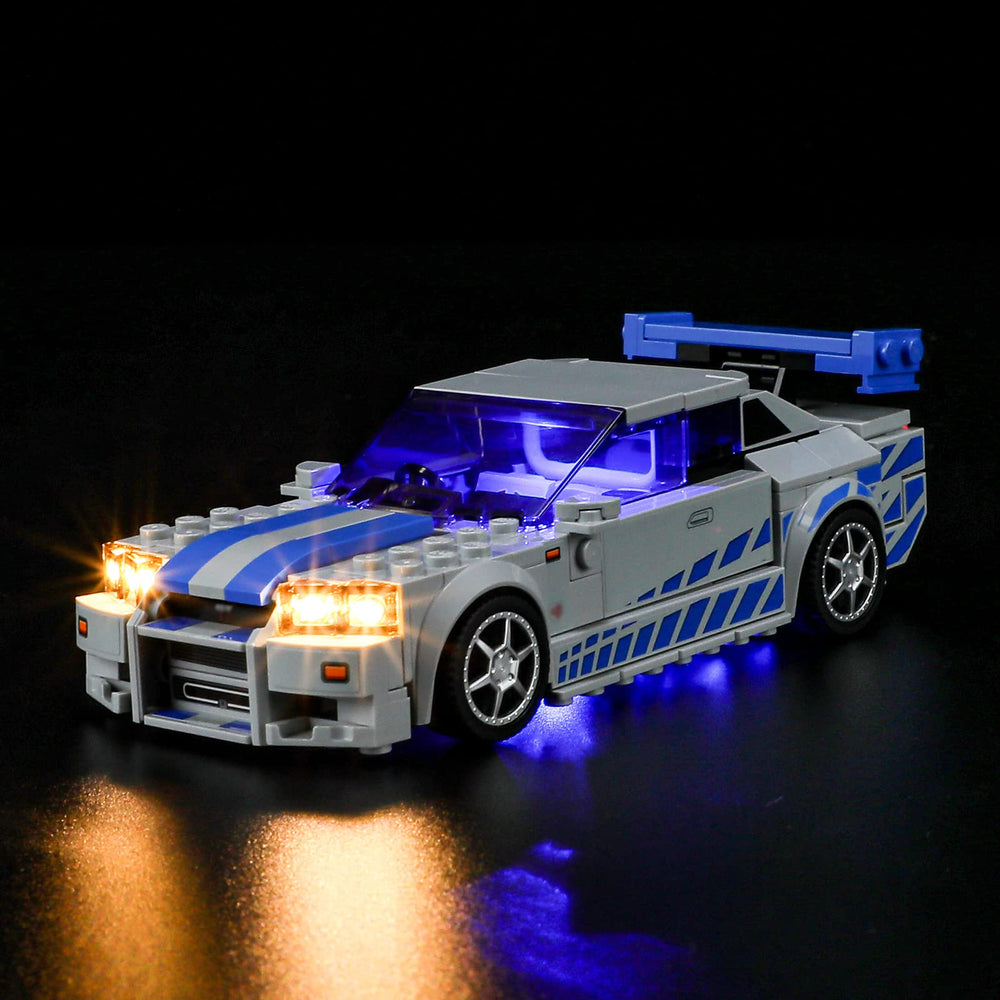 BRIKSMAX LED kit front view enhances LEGO Nissan Skyline R34 with vibrant glow.