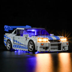 BRIKSMAX LED lighting kit rear view highlights illuminated details on the Skyline R34.