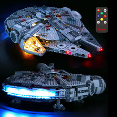BRIKSMAX LED lighting kit for Millennium Falcon highlights cockpit and hull details for display.
