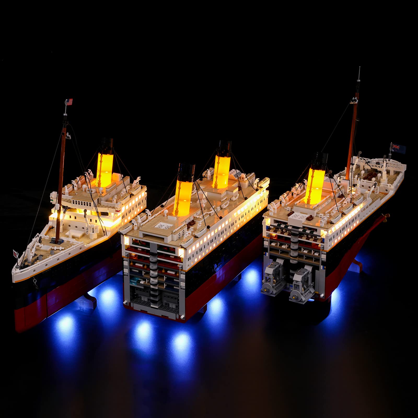 BRIKSMAX Titanic LED kit lower-deck lighting creates atmosphere.