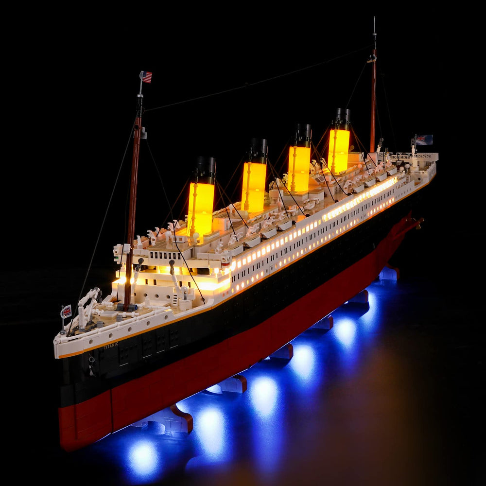 BRIKSMAX Titanic LED kit side-glow enhances hull features and depth.