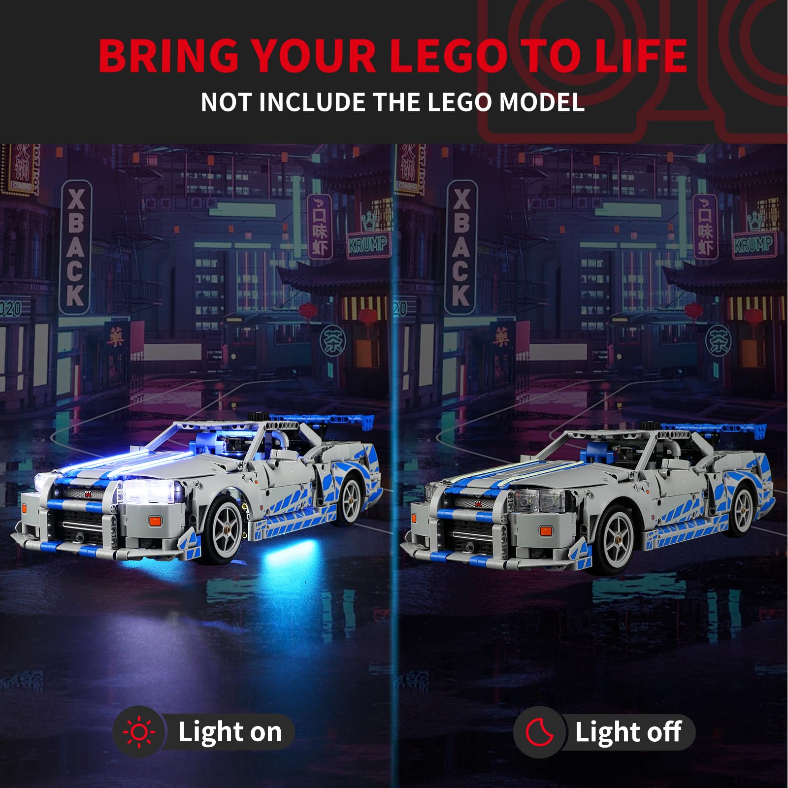 BRIKSMAX light kit highlights Lego details on the Nissan Skyline from the side