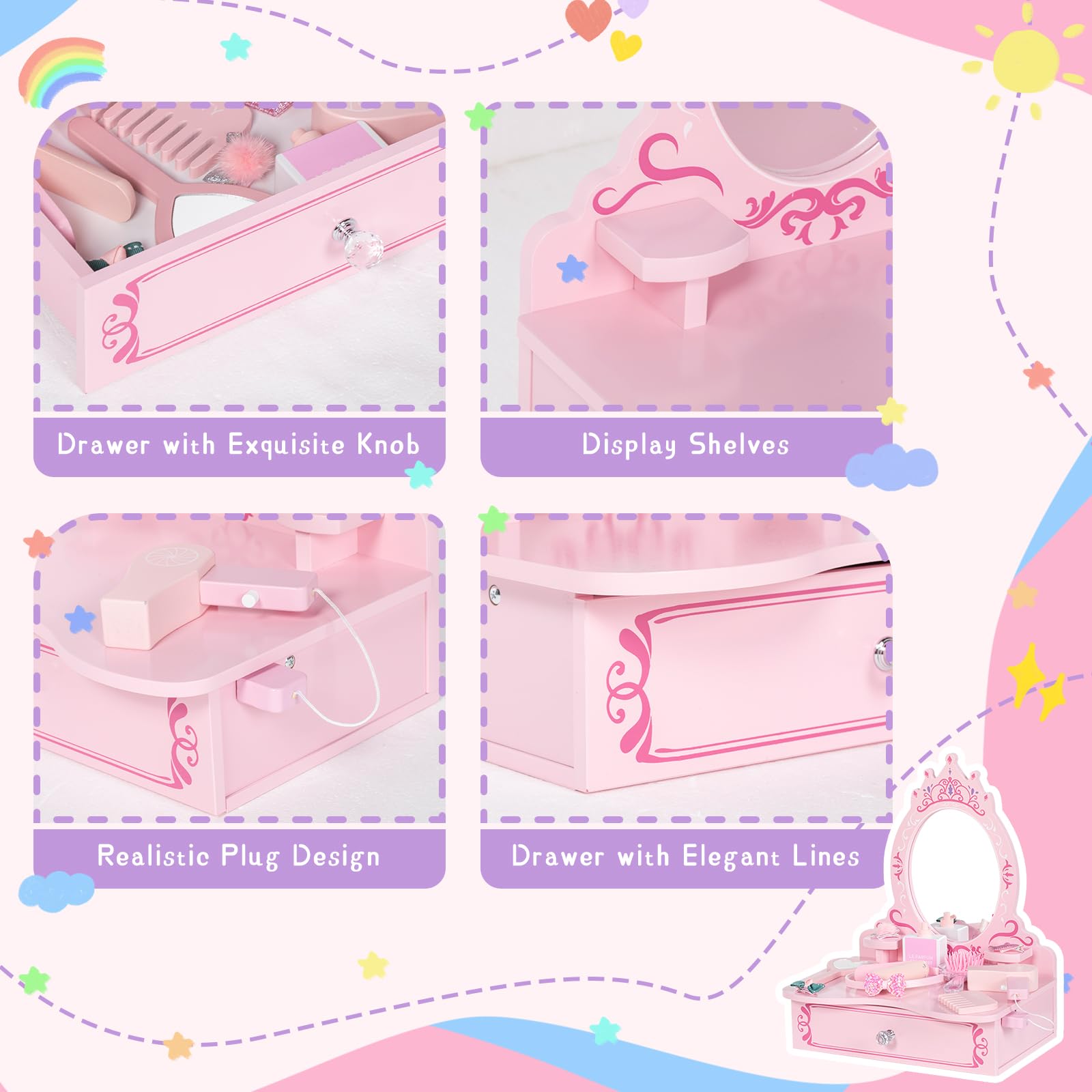 BRINJOY princess mirror with crown-shaped design enhances imaginative dress-up.