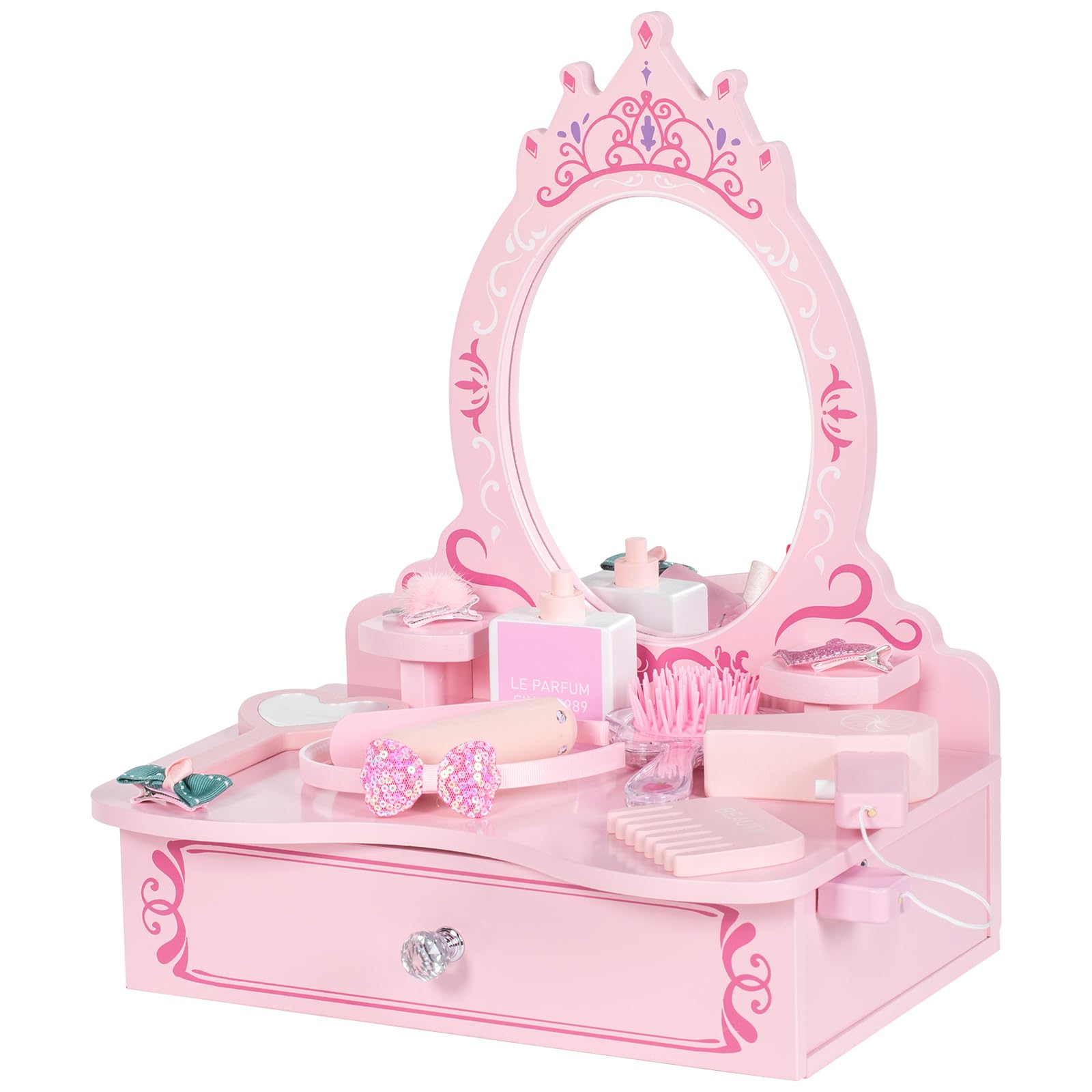 BRINJOY wooden vanity set with drawer for organized play and pretend makeup.