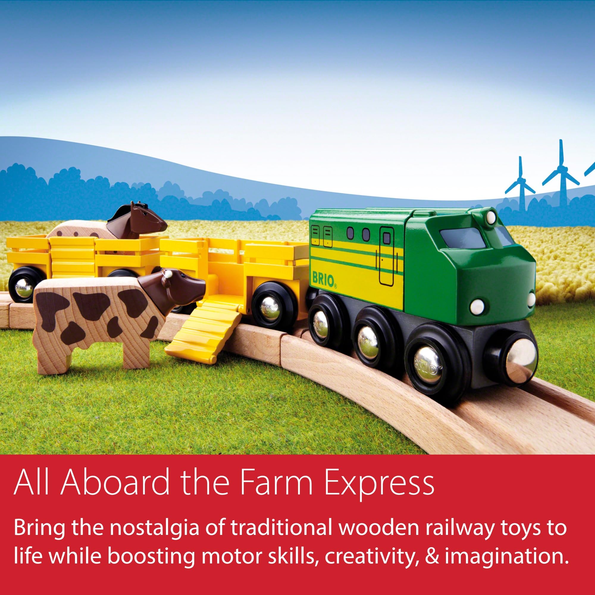 BRIO green farm locomotive powering playtime across BRIO tracks