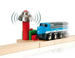 Side view of BRIO Magnetic Bell Signal green; easy to integrate with BRIO sets.