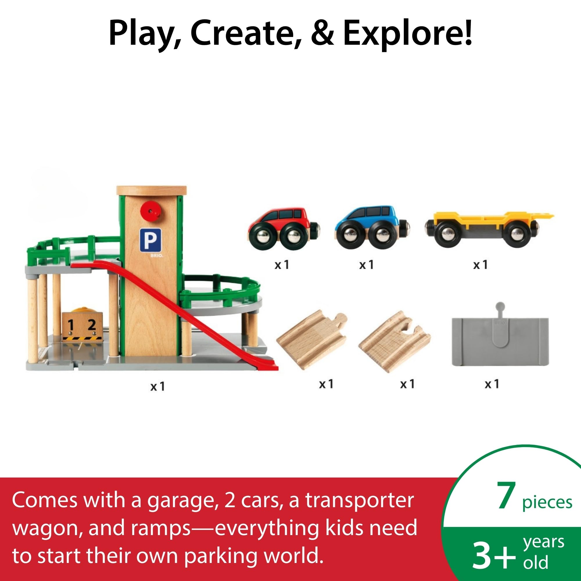 Two included cars glide through the garage for quick, engaging rail adventures.