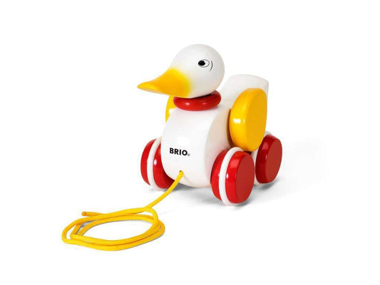 BRIO pull-along duck head nods and wings flap, supporting active toddler play