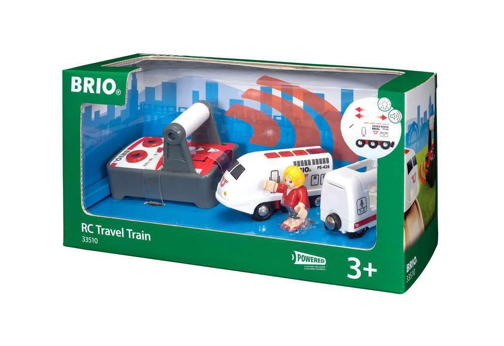 BRIO Remote Control Travel Train lights illuminate the track and scenes.