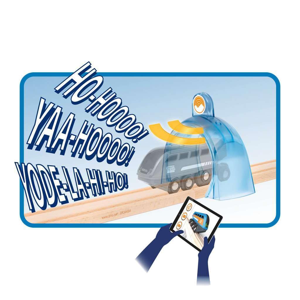BRIO Smart Tech Sound Waterfall Tunnel train-set-scene shows imaginative railway setup