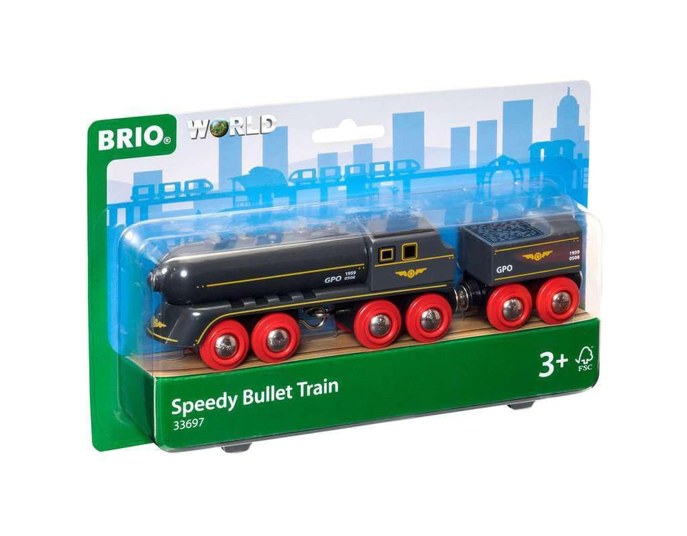 Brio Speedy Bullet Train side view showcases smooth travel on wooden rails