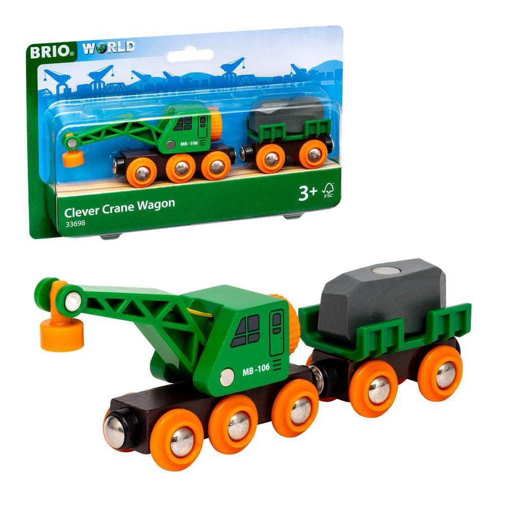 BRIO World 33698 Clever Crane Wagon with magnetic wagons encouraging imaginative play