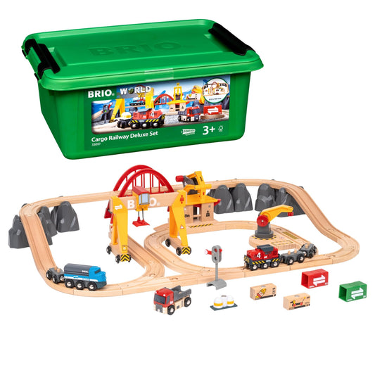 BRIO World Cargo Railway Deluxe battery-powered engine on wooden tracks for creative play.