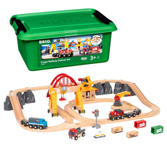 BRIO World Cargo Railway Deluxe battery-powered engine on wooden tracks for creative play.