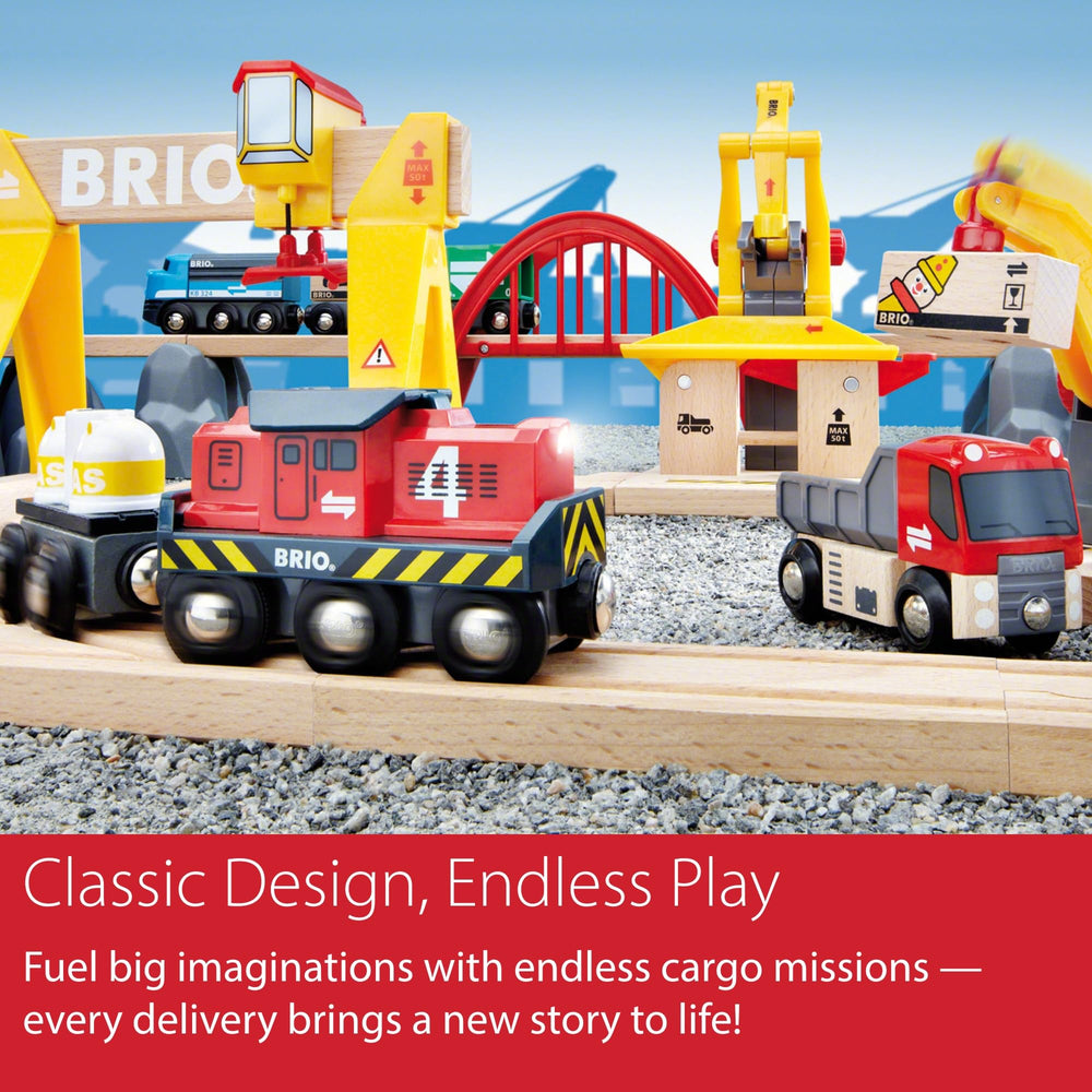 BRIO World Cargo Railway Deluxe wood tracks section shows durable, FSC-certified material.