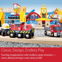 BRIO World Cargo Railway Deluxe wood tracks section shows durable, FSC-certified material.
