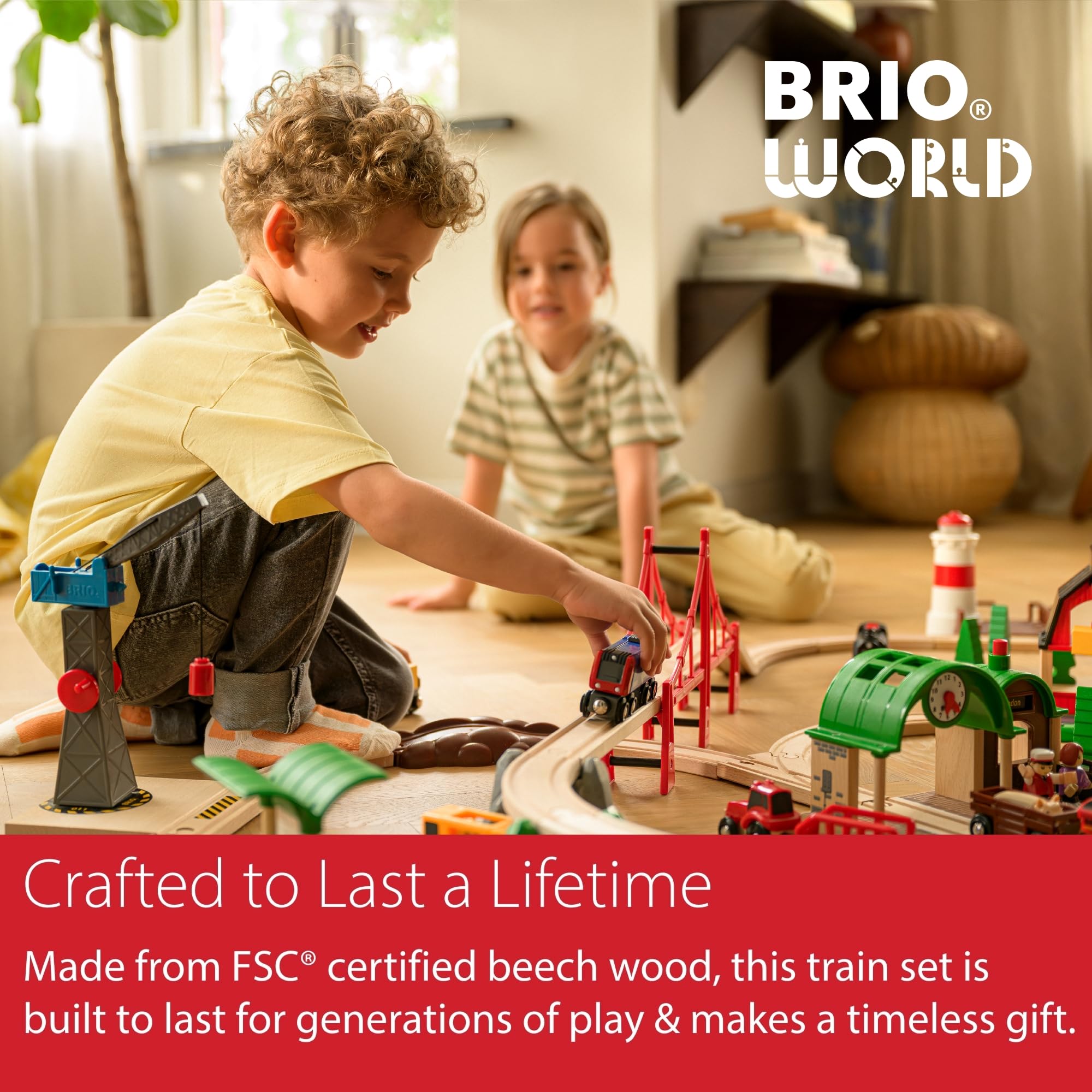 BRIO road sections with crossing gates support coordinated play actions