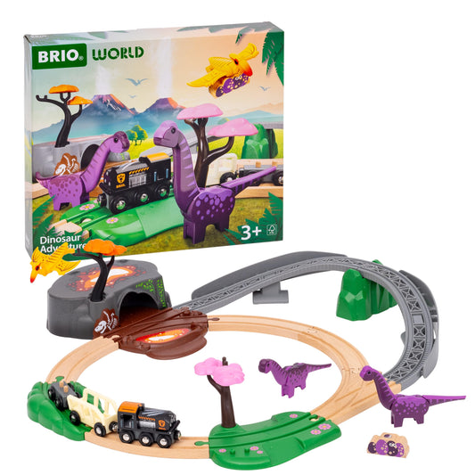 BRIO World dinosaur adventure engine on wooden tracks for imaginative play