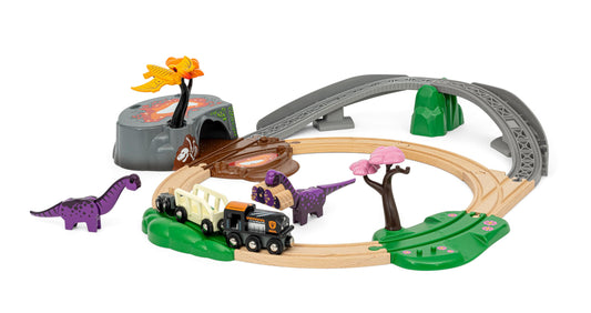 BRIO World dinosaur wagons connected to the engine for storytelling journeys