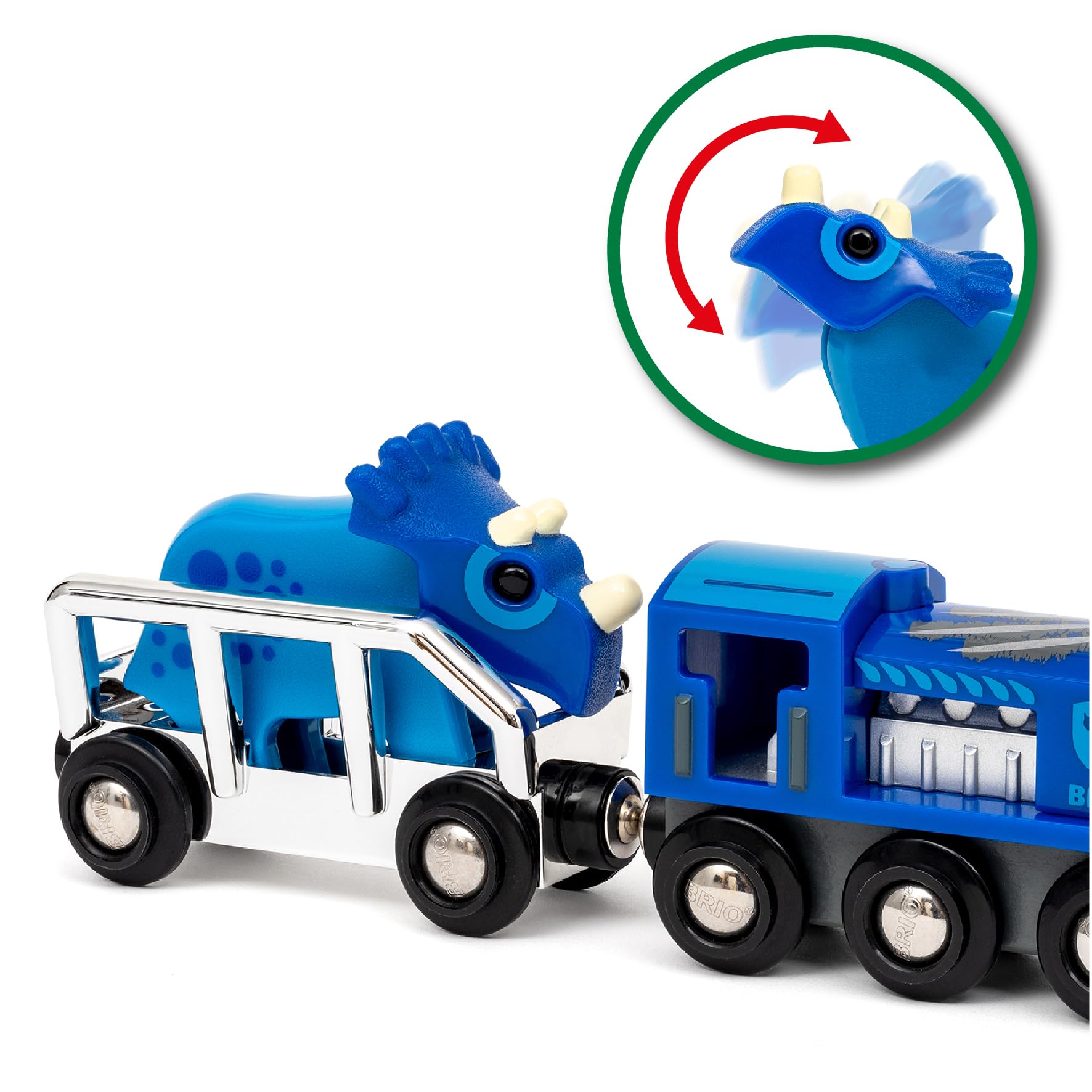 Silver cargo wagon carries the Triceratops during dynamic rail journeys.