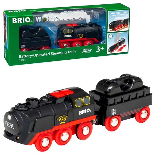 BRIO World Steaming Train front view with steam and lights for immersive play