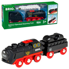 BRIO World Steaming Train front view with steam and lights for immersive play