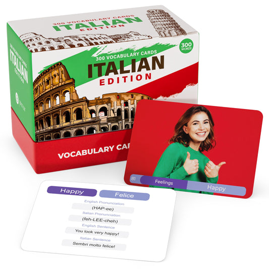 Briston Italian flash cards show food vocabulary with vivid imagery for quick learning.