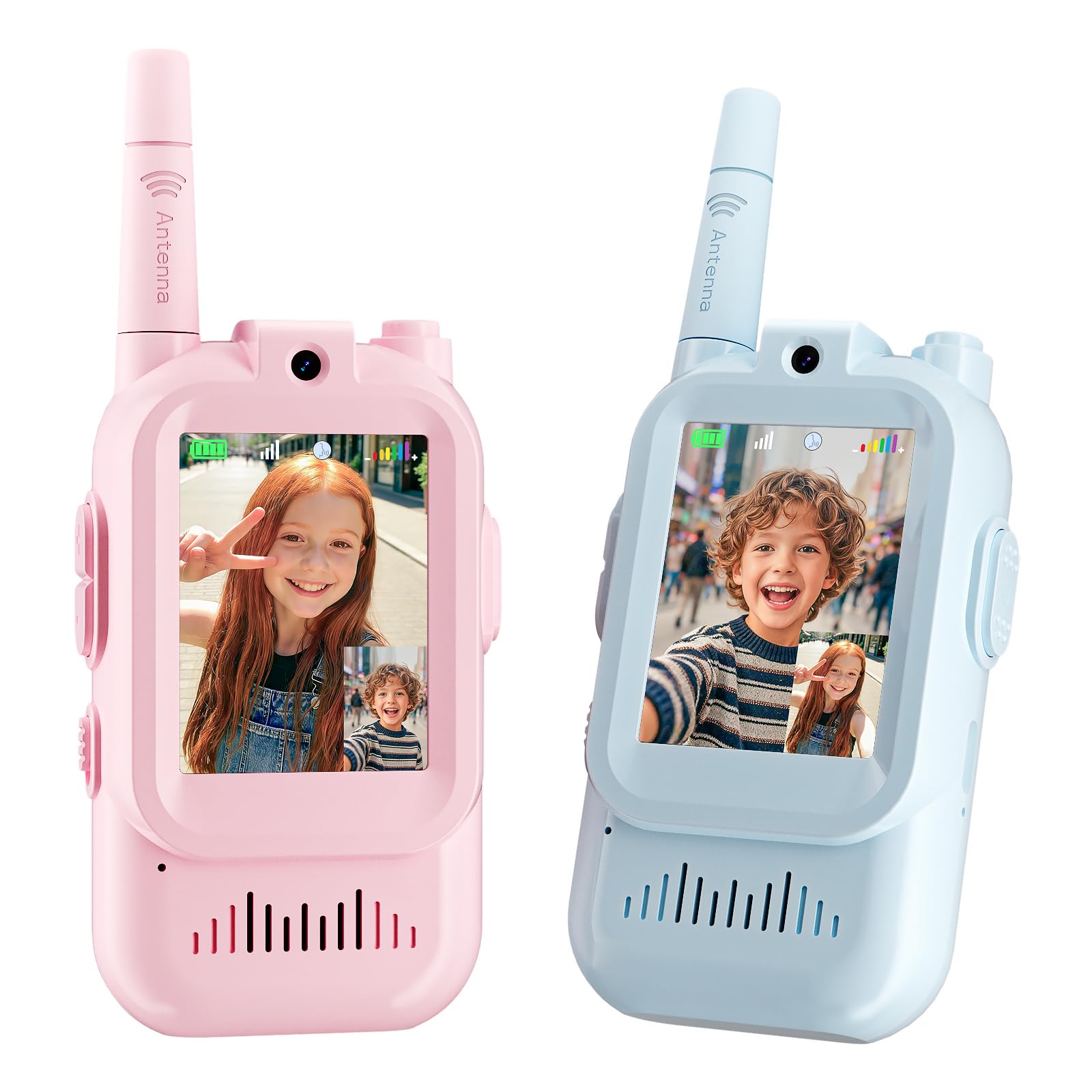 Brisum kids video walkie talkies blue front view for instant play and easy pairing