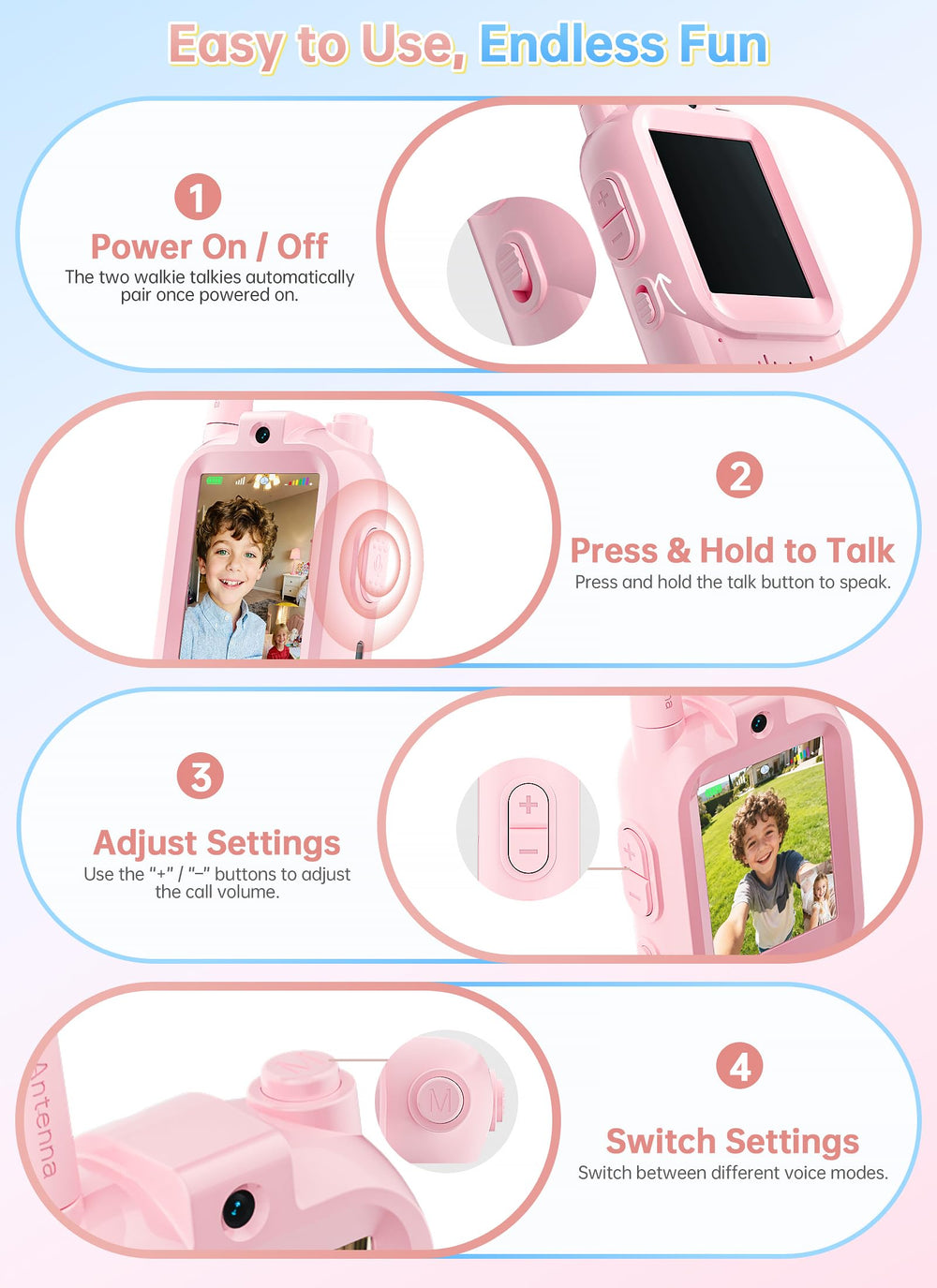 Brisum kids video walkie talkies pink front view for cooperative play and sharing