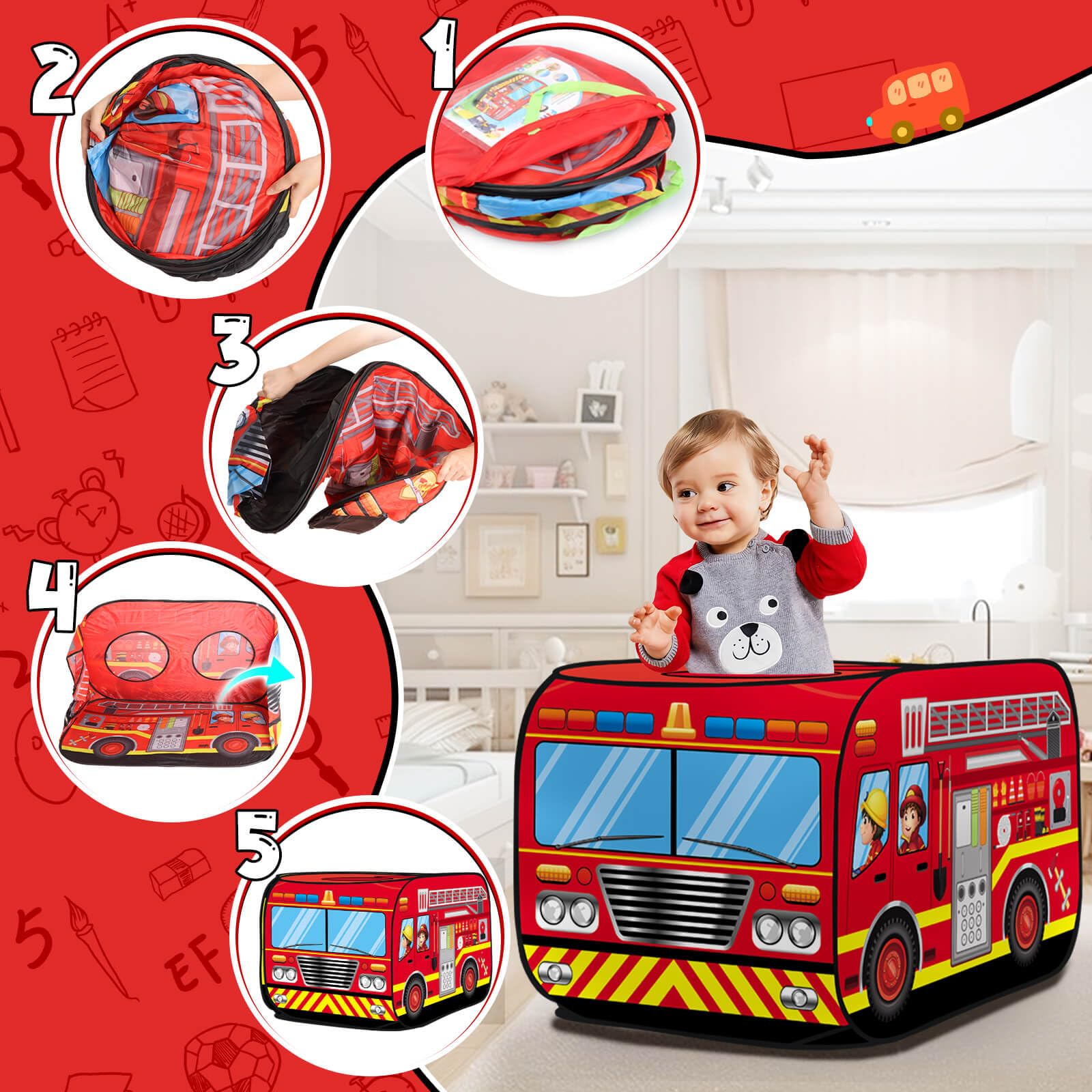 Britik Fire Truck Pop Up Tent with storage bag for easy transport.