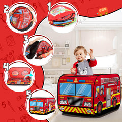 Britik Fire Truck Pop Up Tent with storage bag for easy transport.