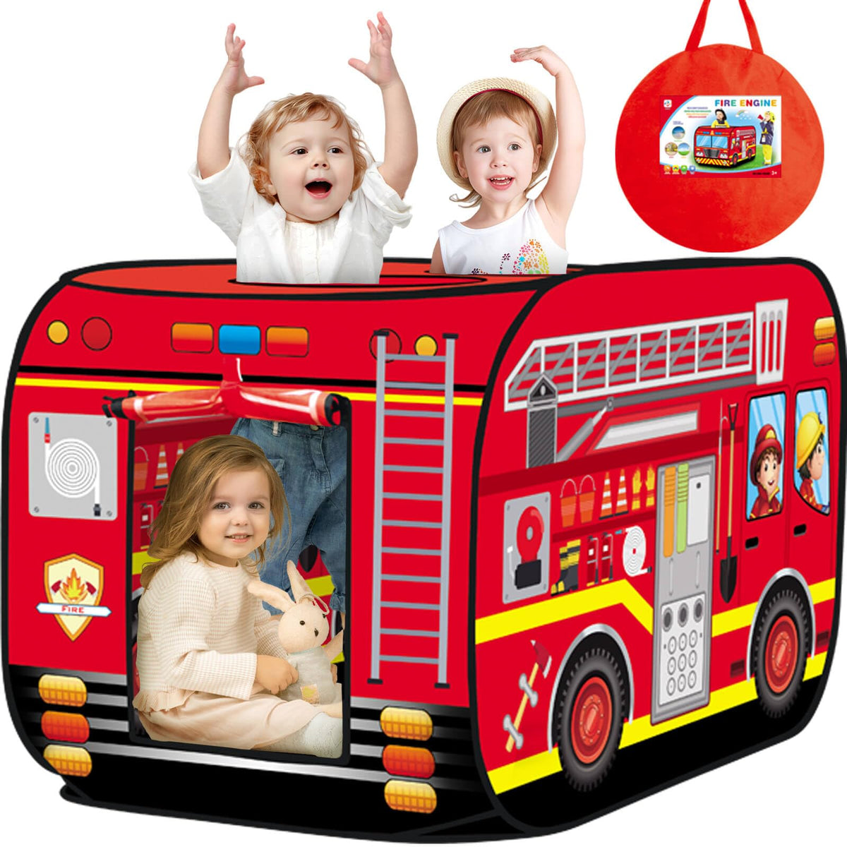 Britik Fire Truck Pop Up Tent unfolded for instant indoor play sessions.