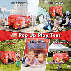 Britik Fire Truck Pop Up Tent features breathable windows for interactive activities.