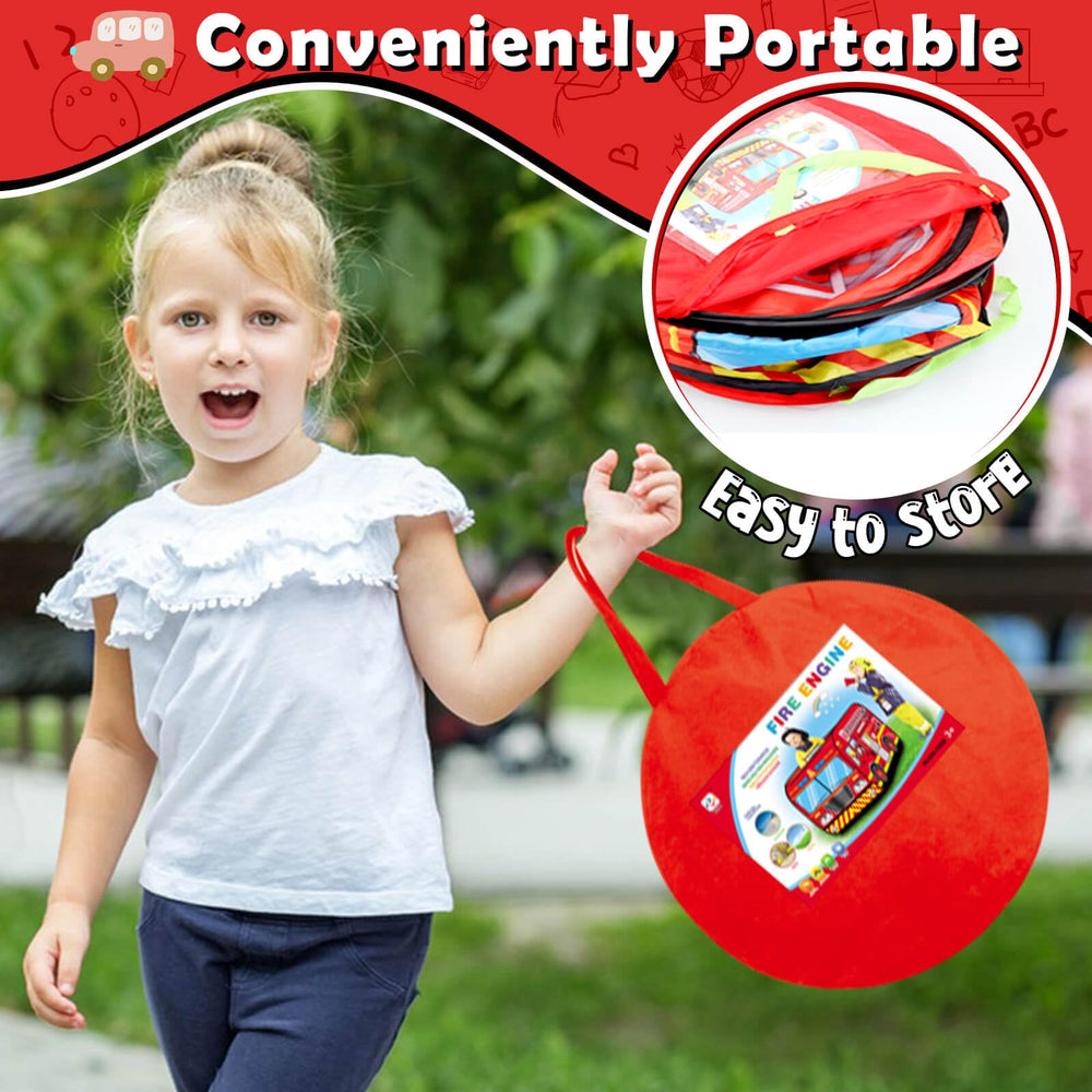 Britik Fire Truck Pop Up Tent sparks imaginative play with bright colors.